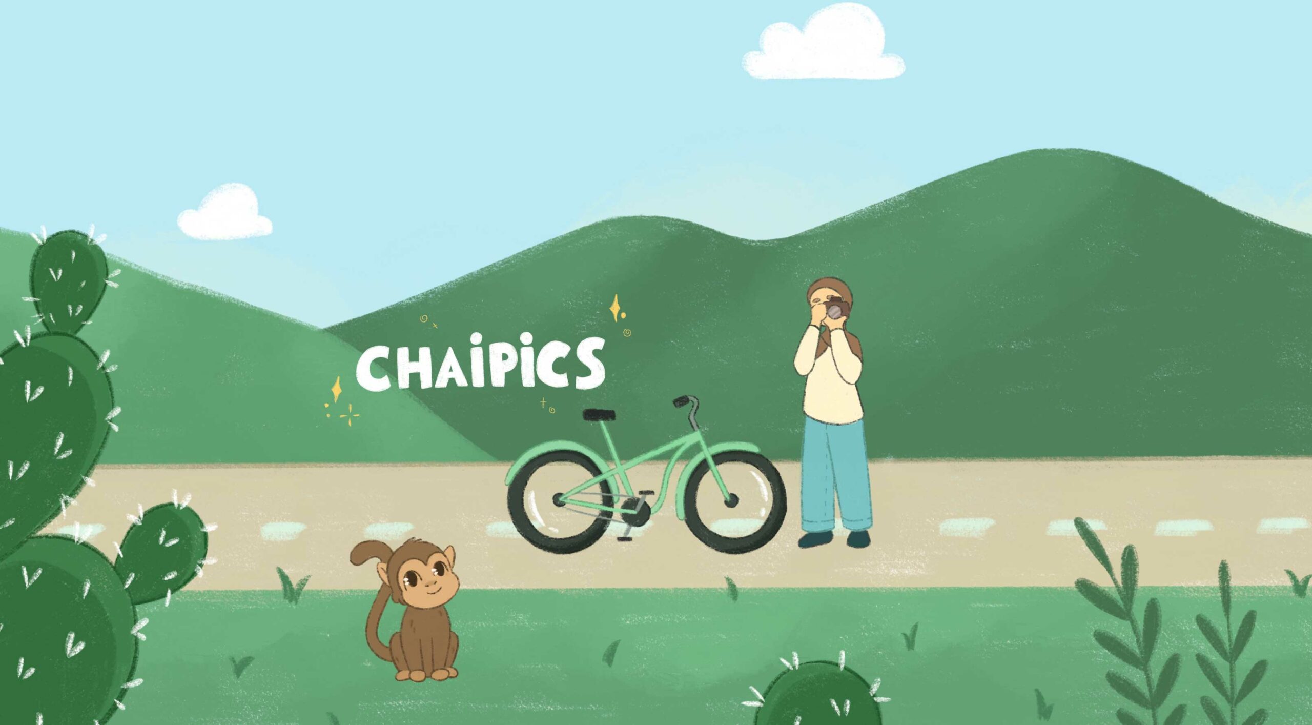 Bannière Youtube illustré. Un paysage de montagne avec le personnage et sont vélo.